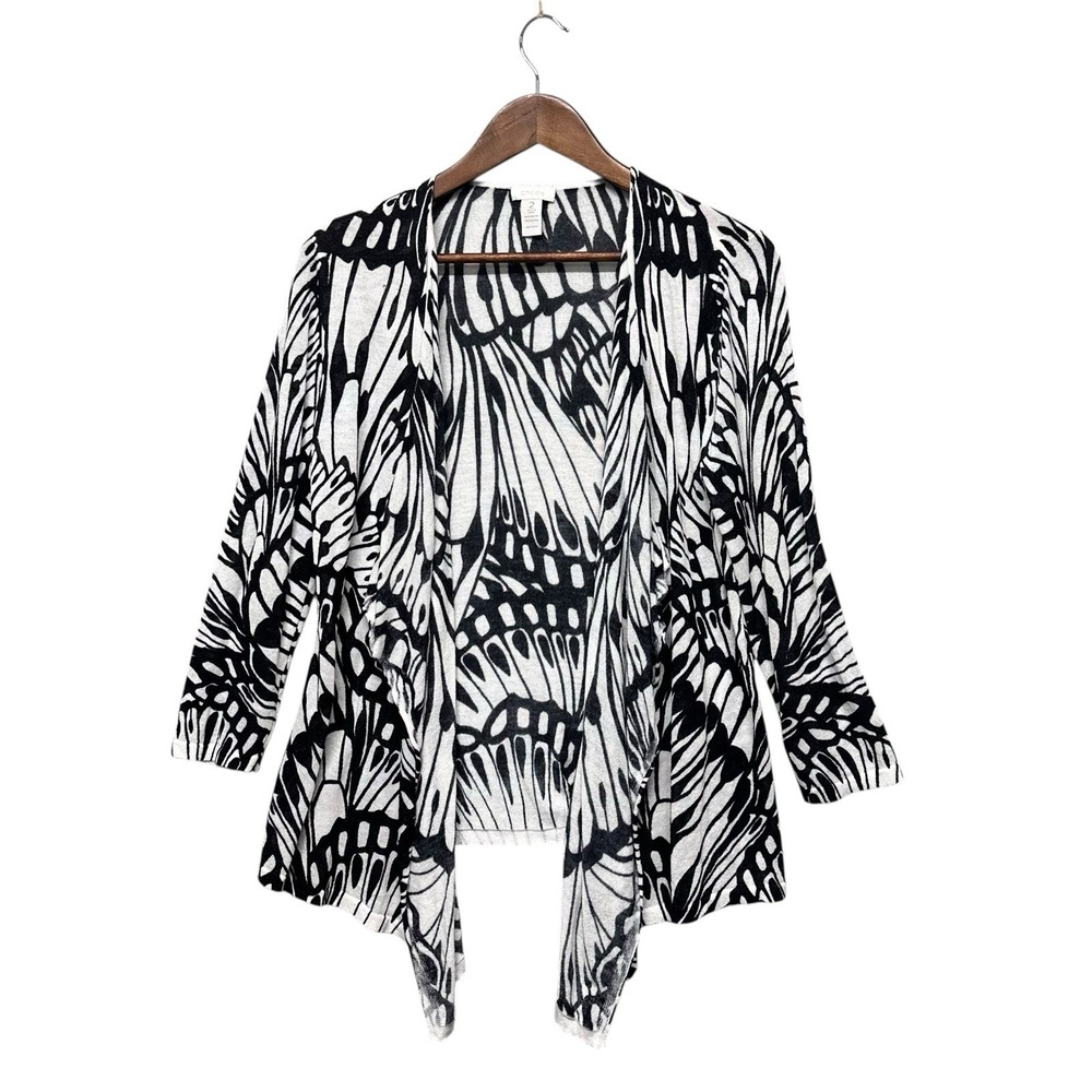 Chicos Tunic Cardigan Size 2 L  Boho Stretch Abstract Metallic Open Front Drapey